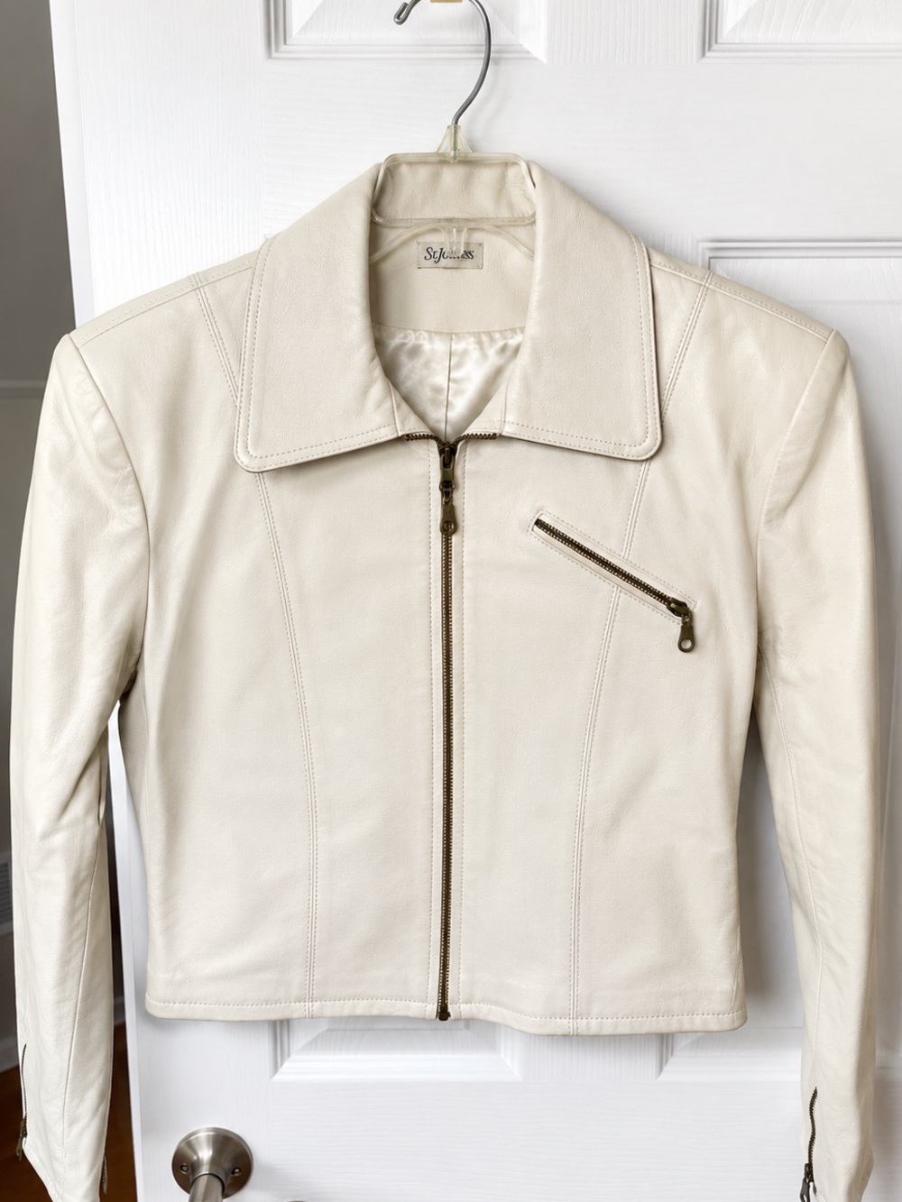 RARE Vintage Y2K 100% Genuine Leather Cropped Moto Jacket Cream White Size 10